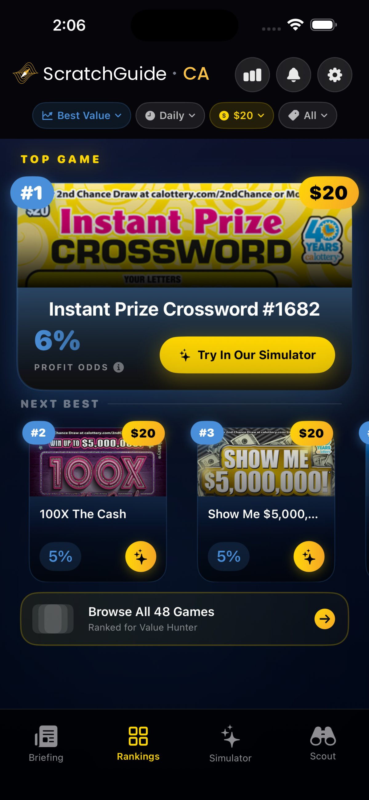 ScratchGuide top scratch-off pick of the day, ranked for your play style