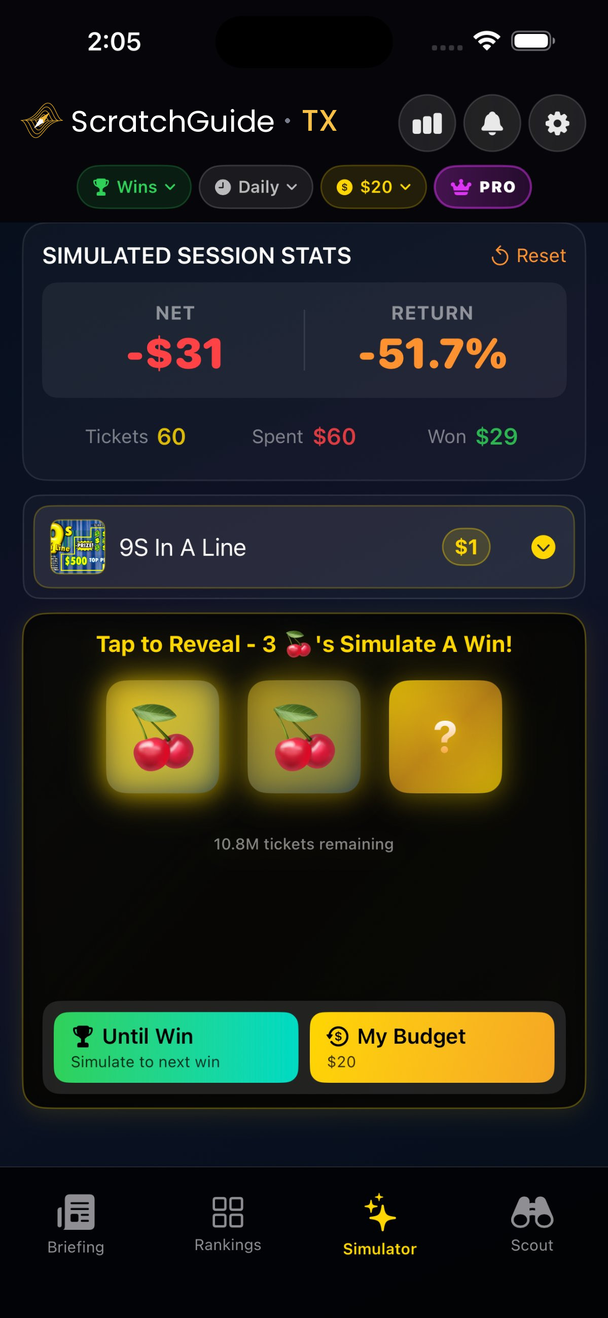 Ticket simulator — mid-scratch with realistic running session totals